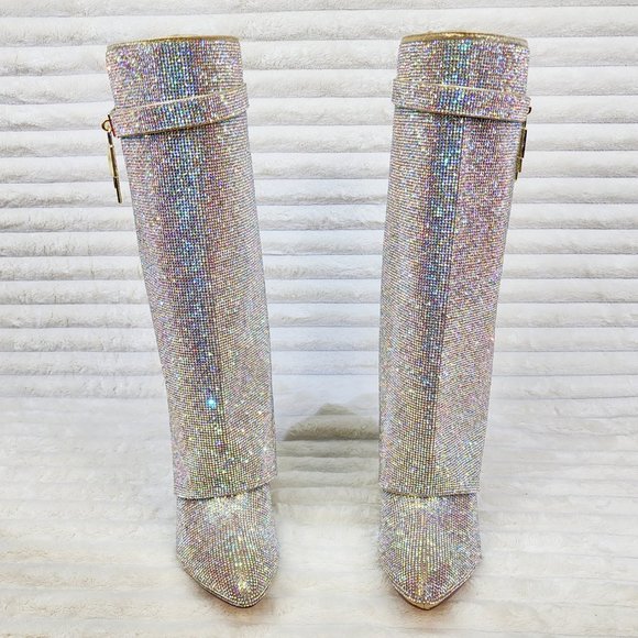 Super Sparkle Sharky Skirted Fold Over Wedge Heel Knee Boots - Picture 7 of 8